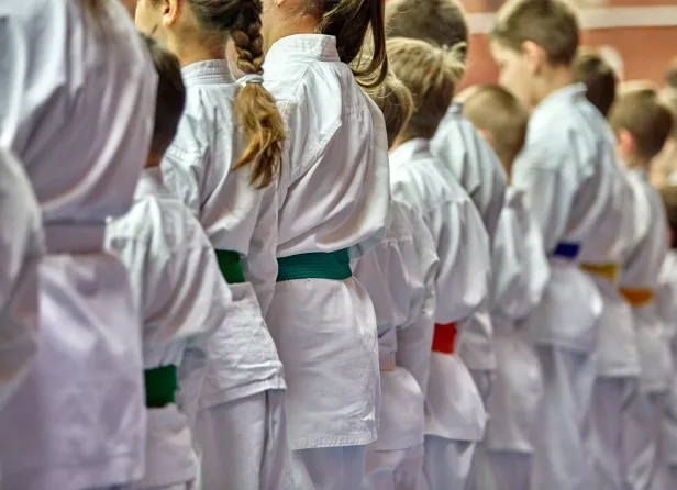 Concept karate, martial arts. Construction of students in the hall before training. Kimono, different belts, different levels of training Concept karate, martial arts. Construction of students in the hall before training. Kimono, different belts, different levels of training.